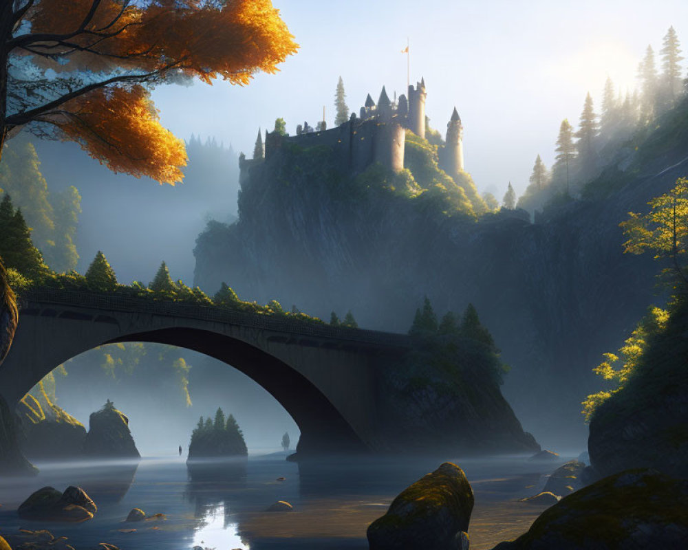 Majestic castle on cliff with arched bridge at sunrise