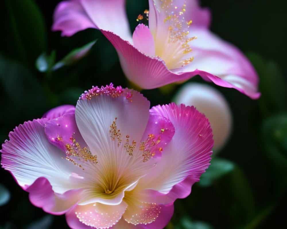 Vibrant Pink and White Flowers with Yellow Stamens on Dark Background