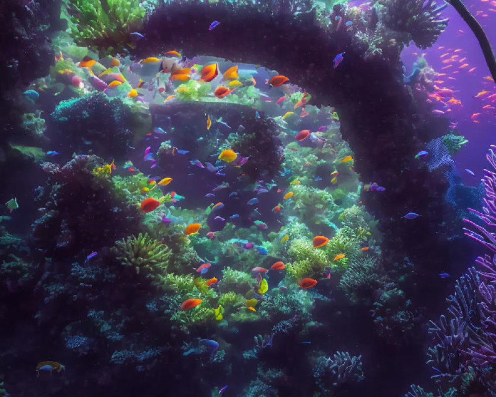 Vibrant tropical fish and coral archway in serene underwater scene
