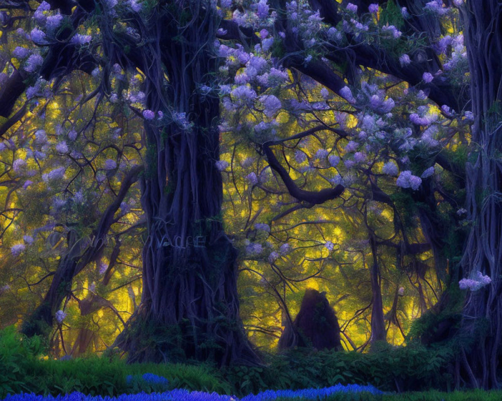 Enchanted forest with purple flowers, ancient trees, golden glow, and bluebells.