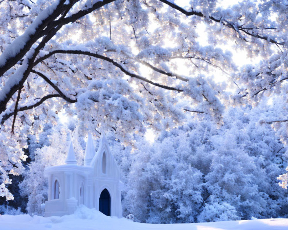 Snow-covered trees and whimsical ice castle in soft light