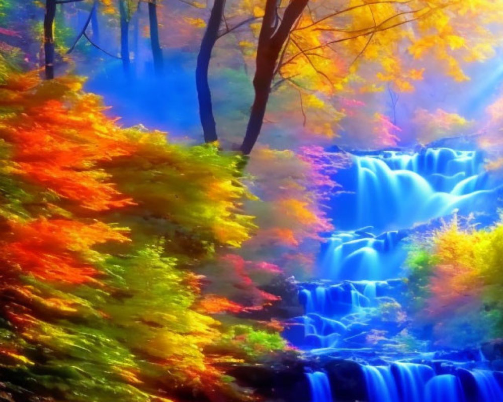 Autumn Forest with Waterfall and Sunbeams in Vibrant Colors