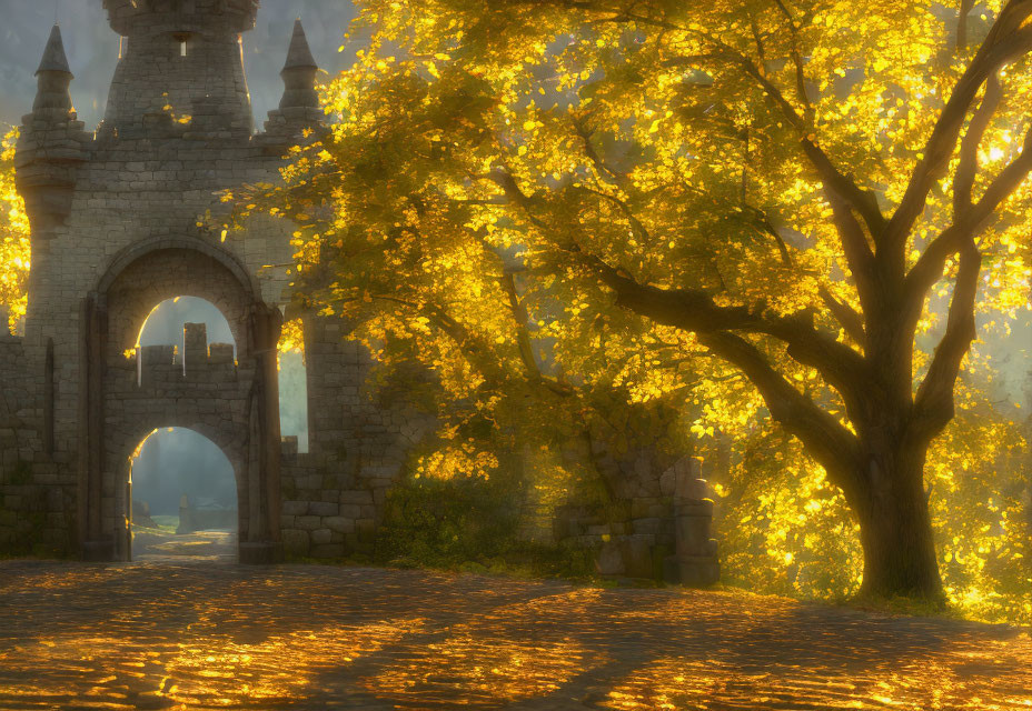 Autumn sunlight through ancient stone archway with dappled shadows