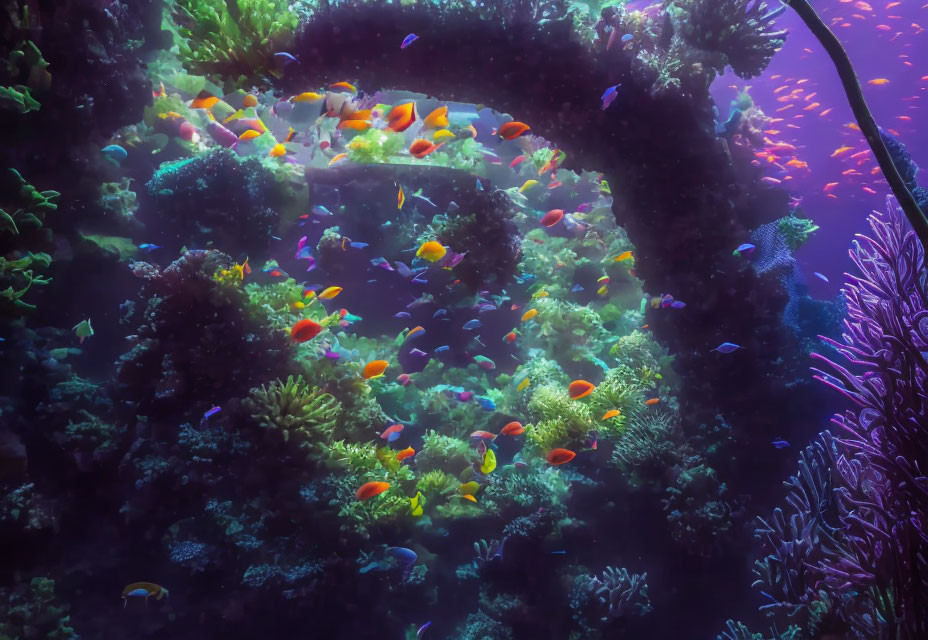 Vibrant tropical fish and coral archway in serene underwater scene