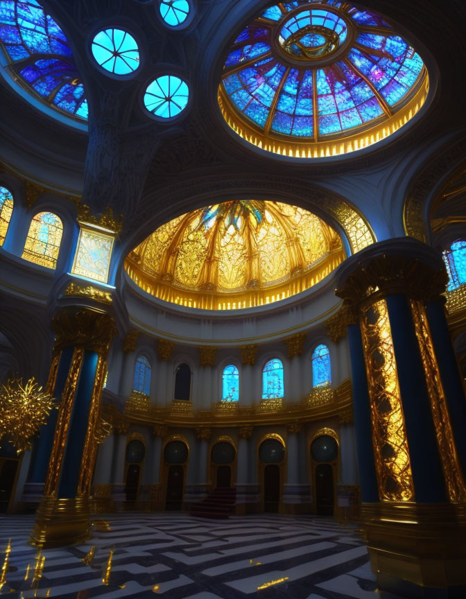 Luxurious interior with gilded dome, stained-glass windows, chandeliers, and figure.