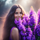 Smiling woman with long hair in purple flower field