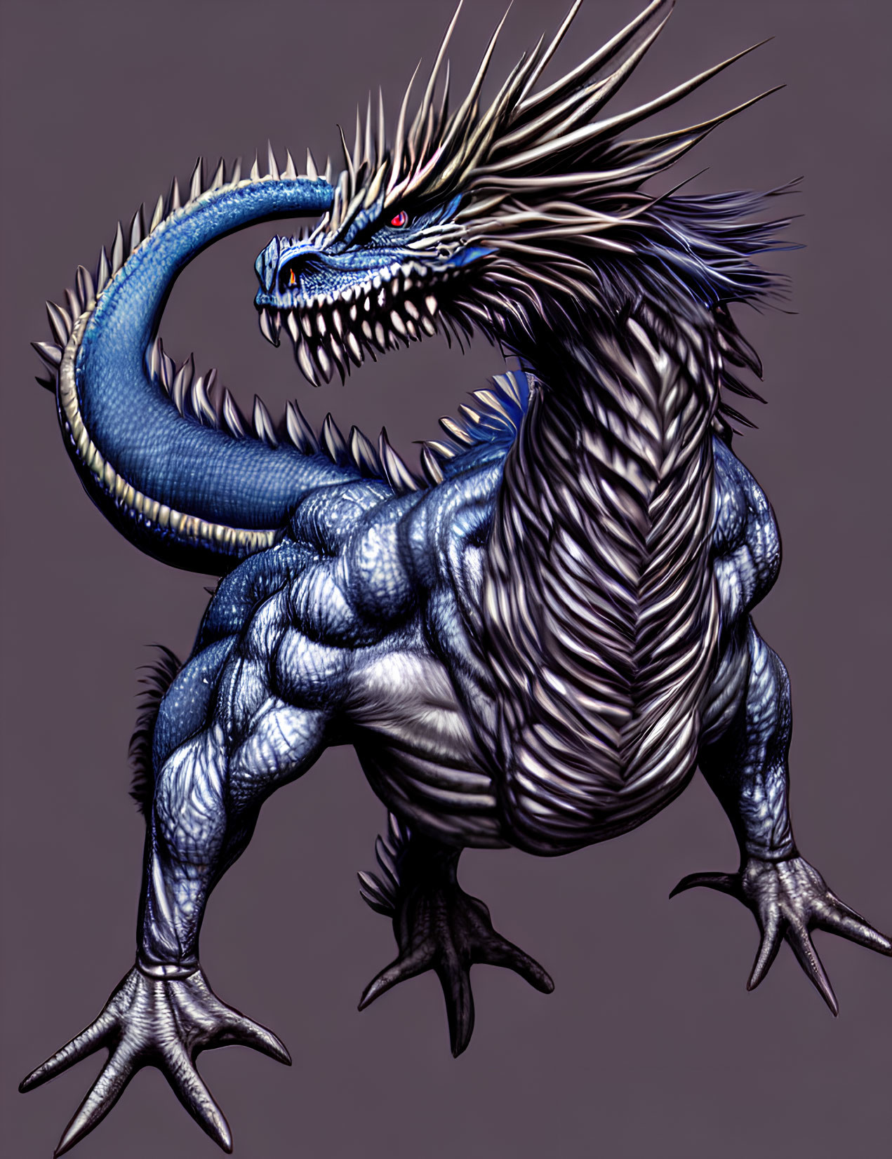 Blue-scaled muscular dragon with sharp claws and spiky hair