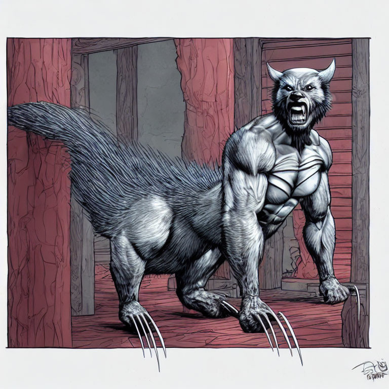 Muscular wolf with large claws in doorway, gray, blue, and red colors