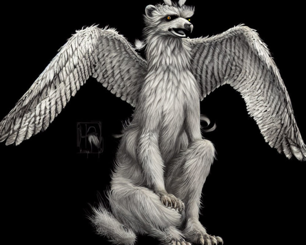 Mythical creature: wolf body, bird wings, black background