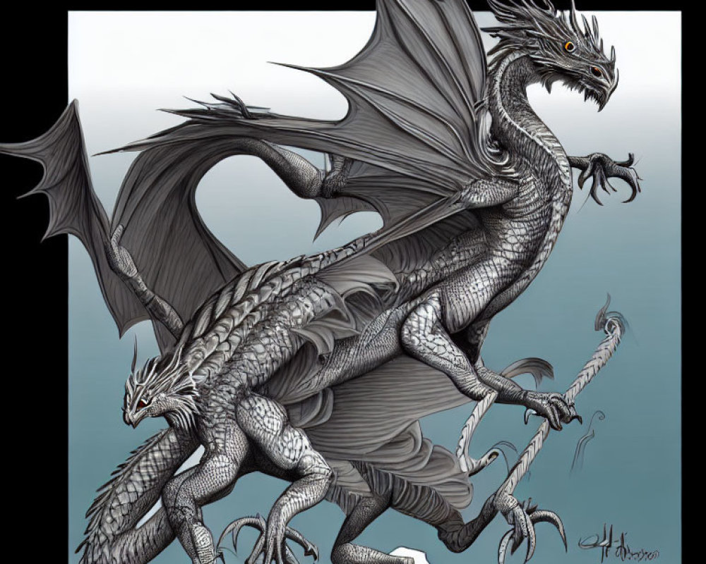 Detailed Illustration: Gray Dragon with Expansive Wings, Sharp Claws, and Spiky