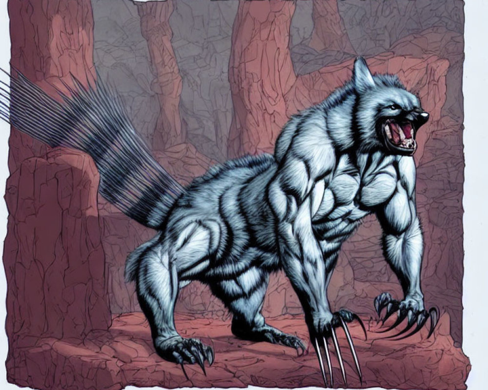 Menacing werewolf illustration with sharp claws on rocky background