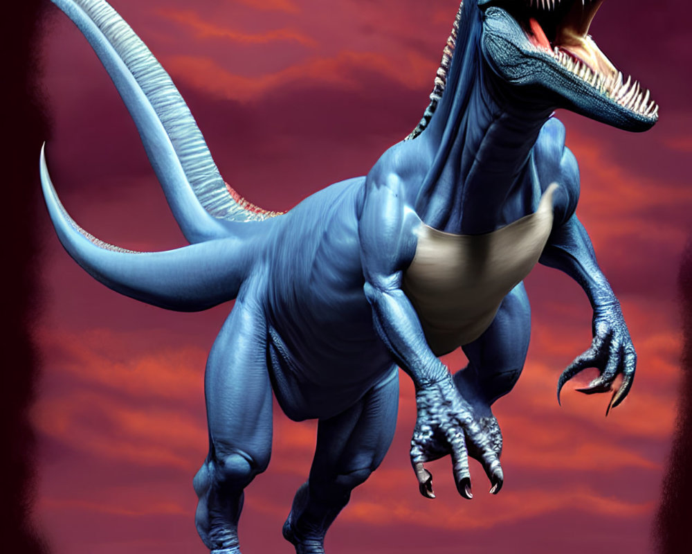 Blue Tyrannosaurus Rex in Dramatic Red Sky with Sharp Teeth and Powerful Legs