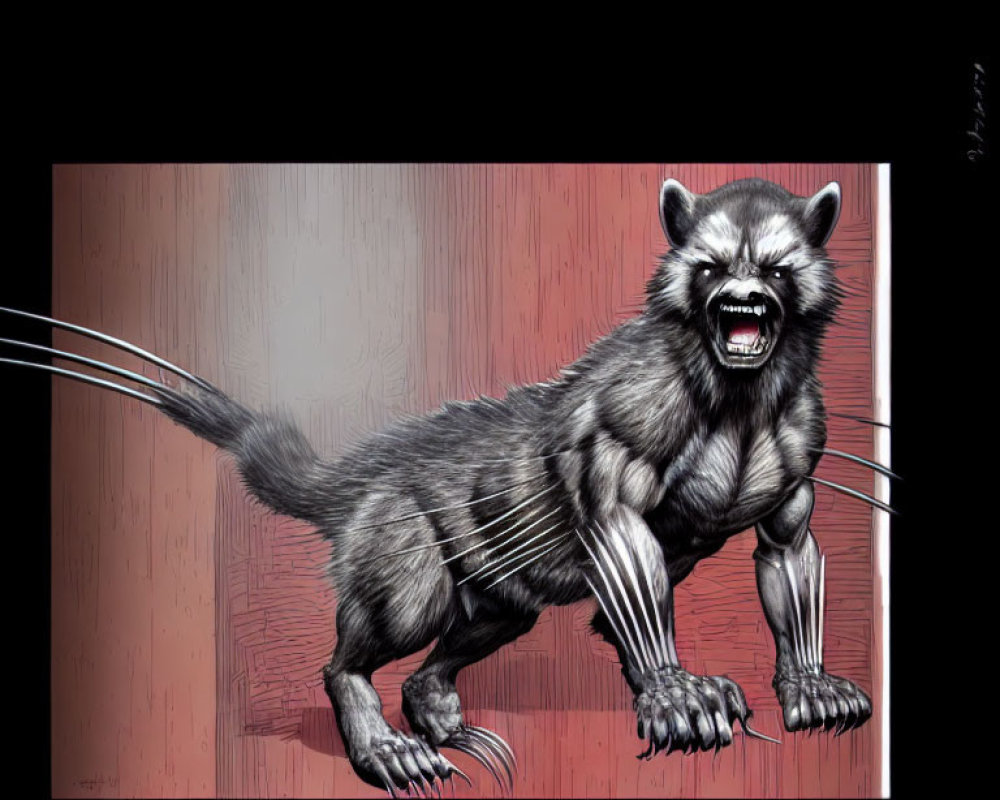 Fierce wolf-like creature with exaggerated fangs and metal claws on red background