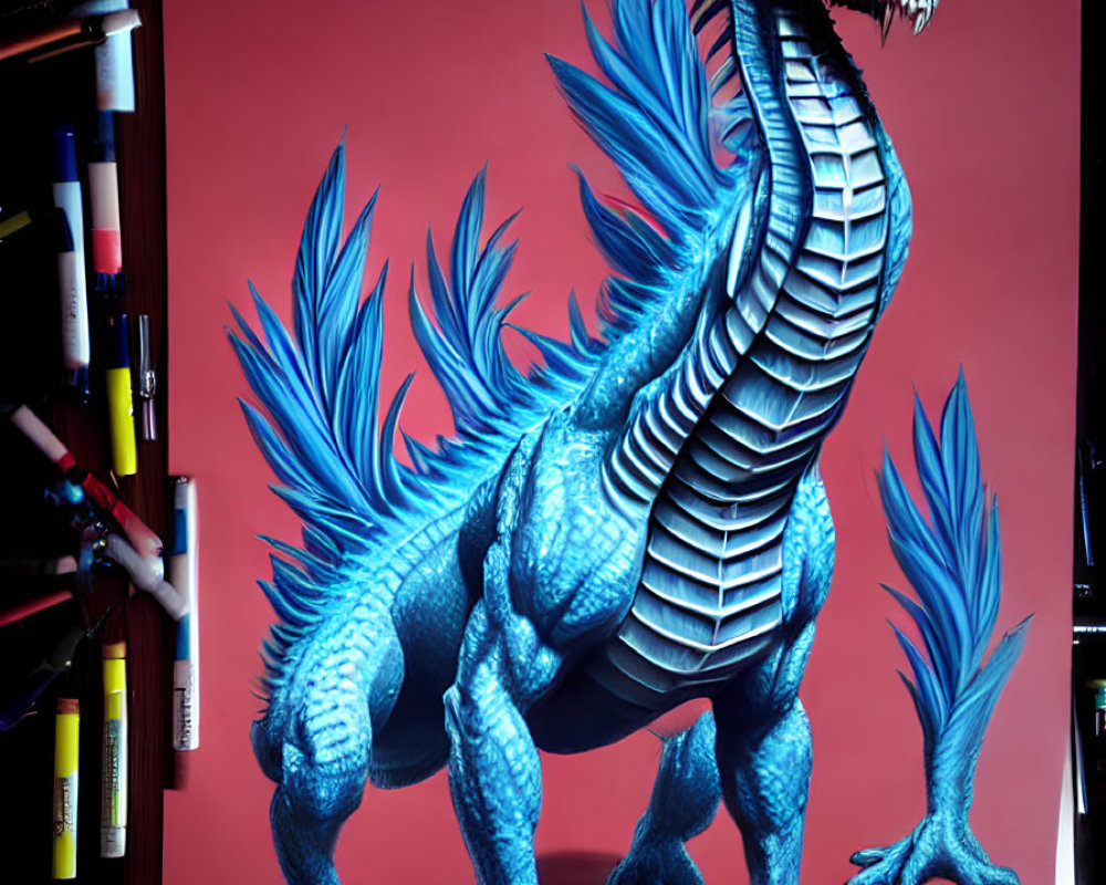 Detailed digital illustration of blue dragon against red background with art supplies