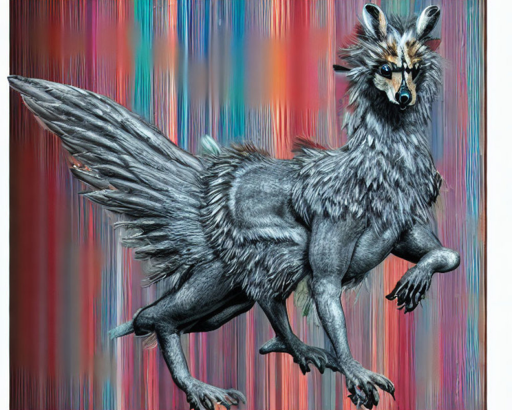 Fantastical bird-winged creature with wolf head on colorful background