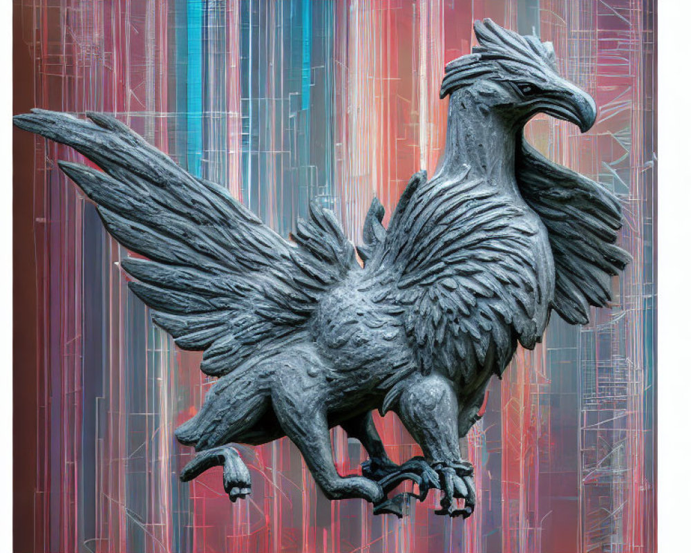 Majestic eagle sculpture in mid-flight with red and blue streaks