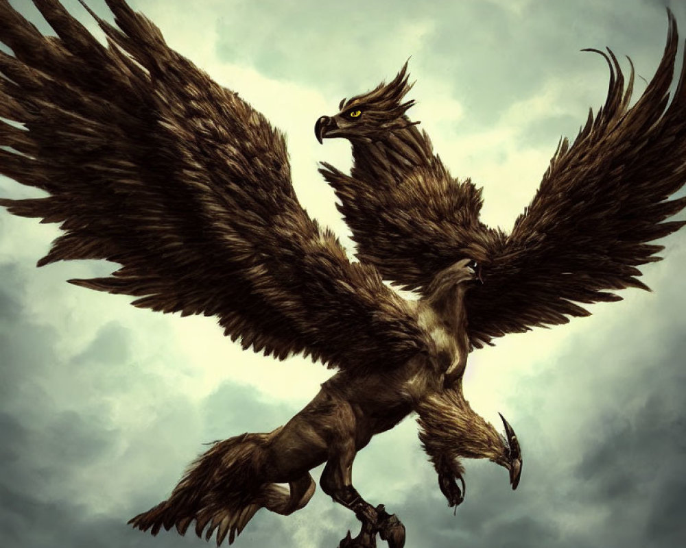 Detailed brown wings of majestic eagle-like creature against stormy sky.