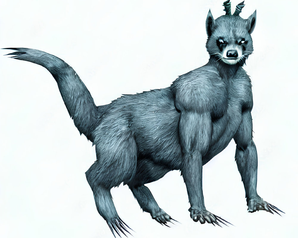 Illustration of mythical creature: large cat body, long tail, sharp claws, horned wolf head