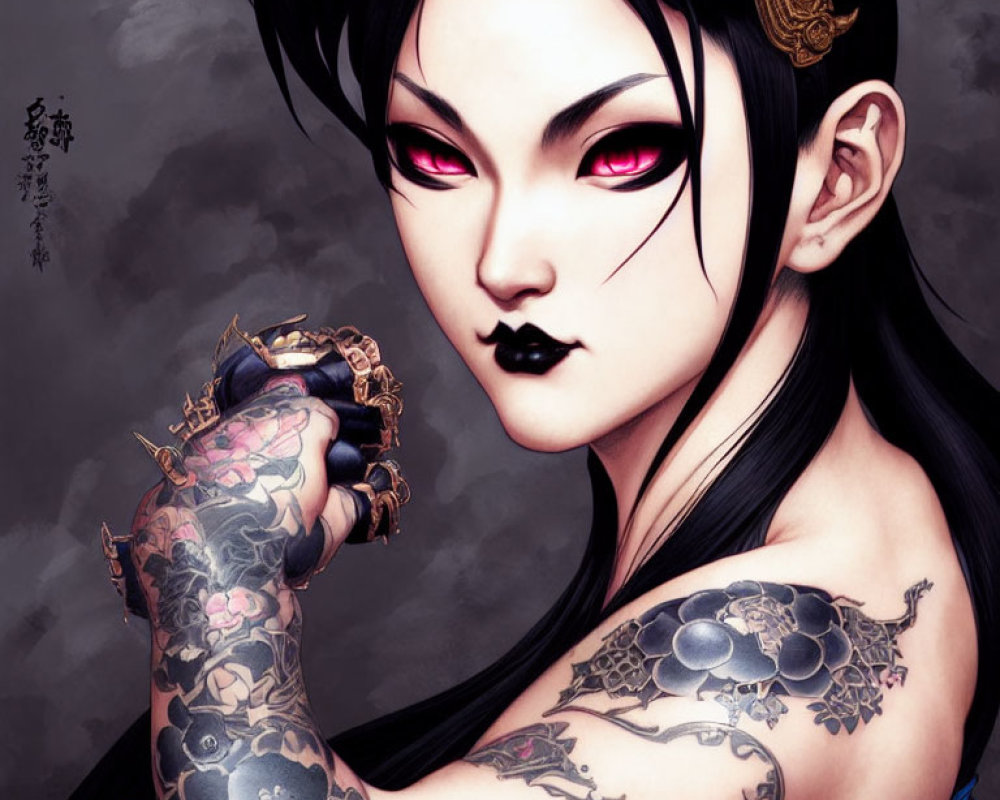 Illustrated Female Character with Pink Eyes, Black Hair, Tattoos, and Gold Headpiece on Dark