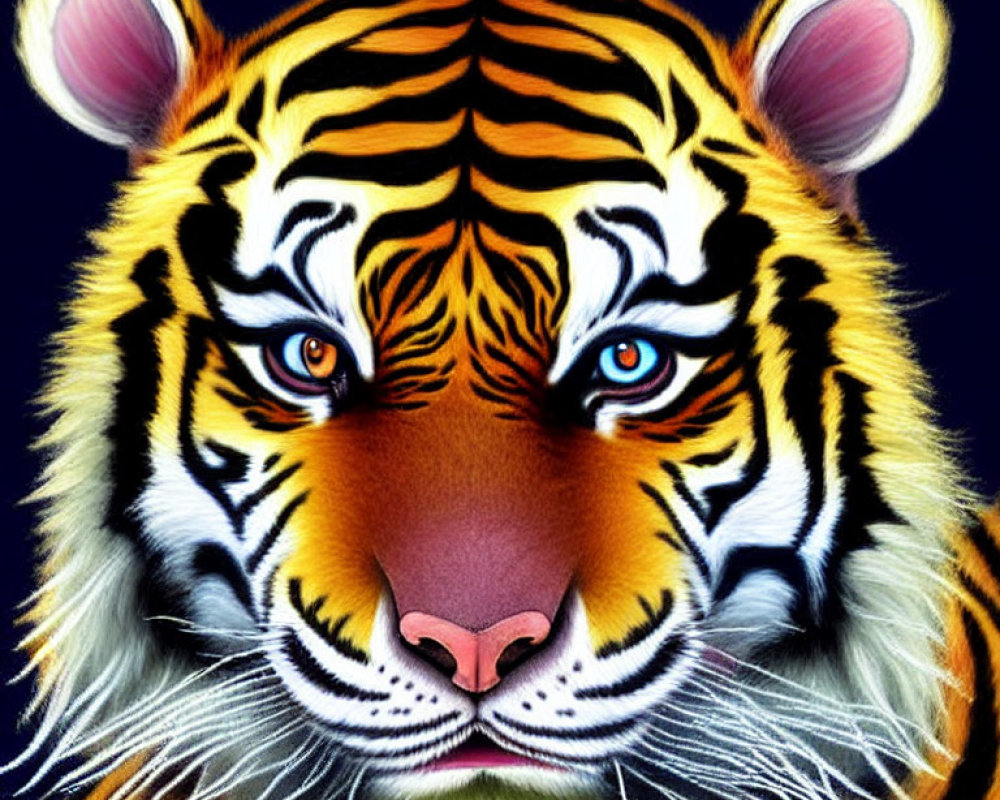 Detailed Tiger Face Illustration with Striking Blue Eyes and Bold Orange Stripes