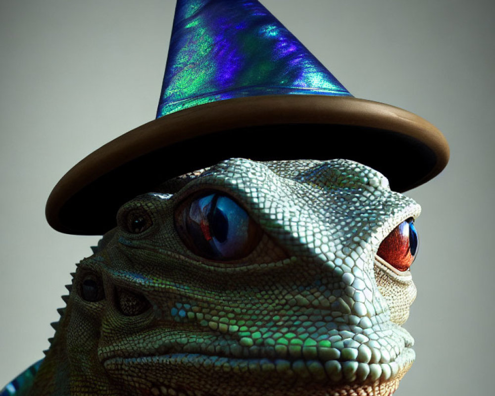 Realistic iguana with shiny wizard hat close-up.