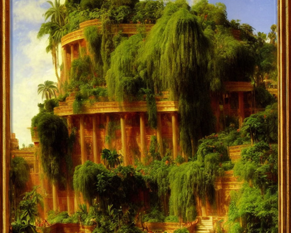 Verdant Hanging Gardens painting with lush foliage on terraced levels