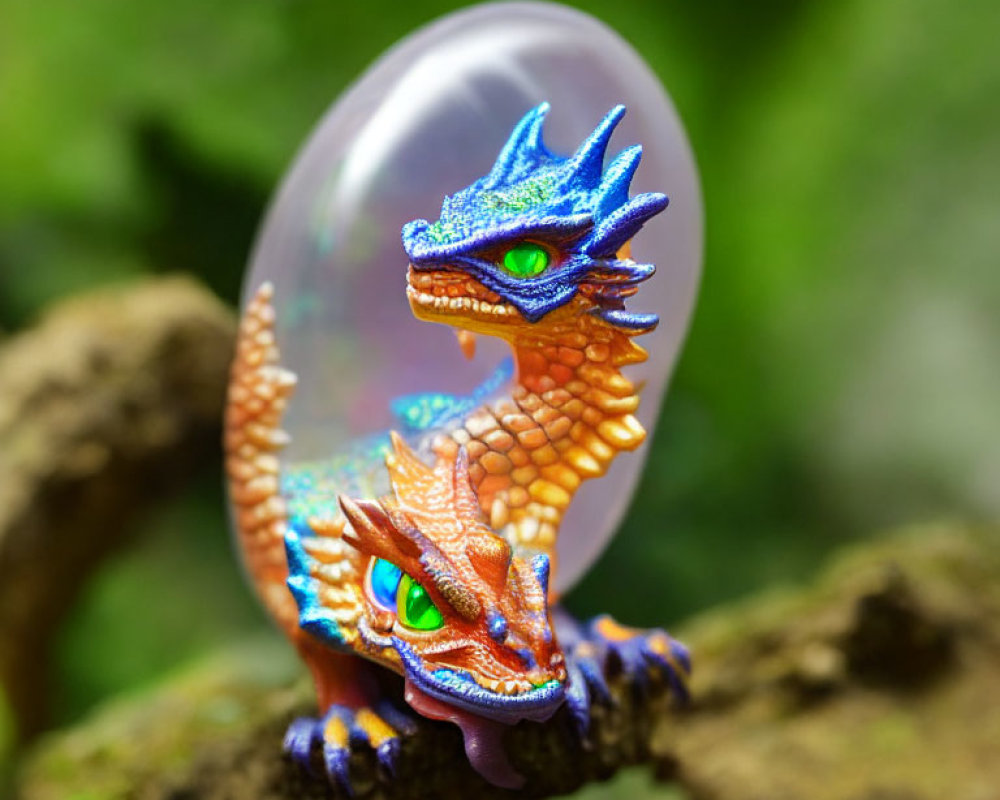 Colorful Dragon Figurines Emerging from Shiny Egg on Green Background