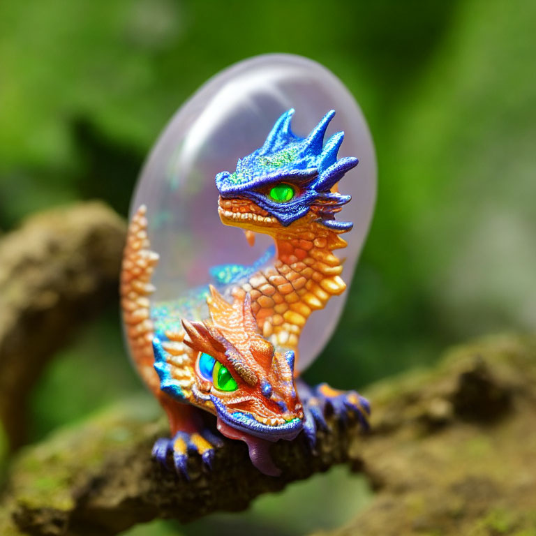 Colorful Dragon Figurines Emerging from Shiny Egg on Green Background