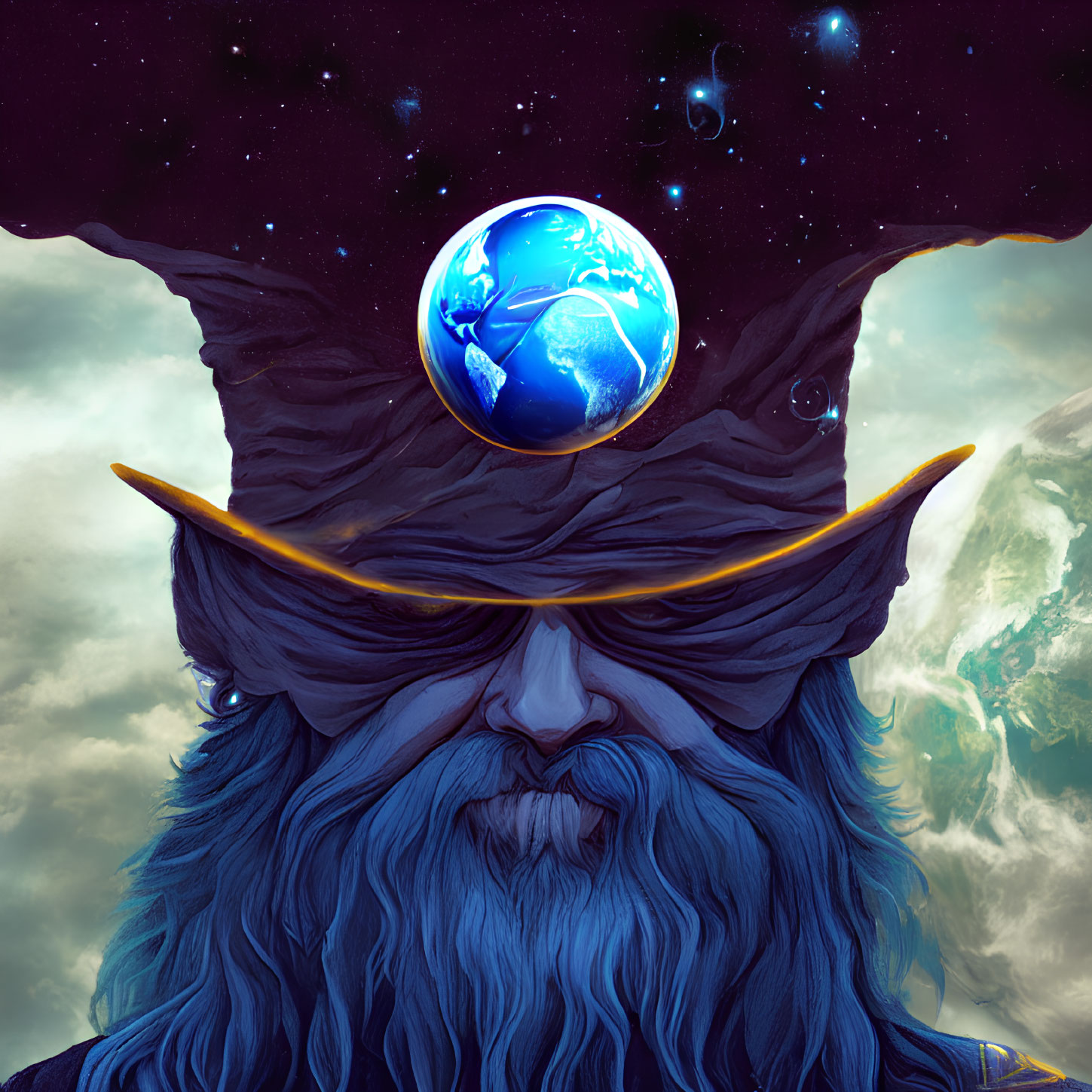 Blue-bearded mystical figure with Earth on hat in cosmic scene.