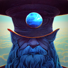 Blue-bearded mystical figure with Earth on hat in cosmic scene.