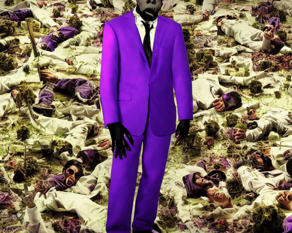 Purple-suited figure amidst sprawled bodies in surreal landscape