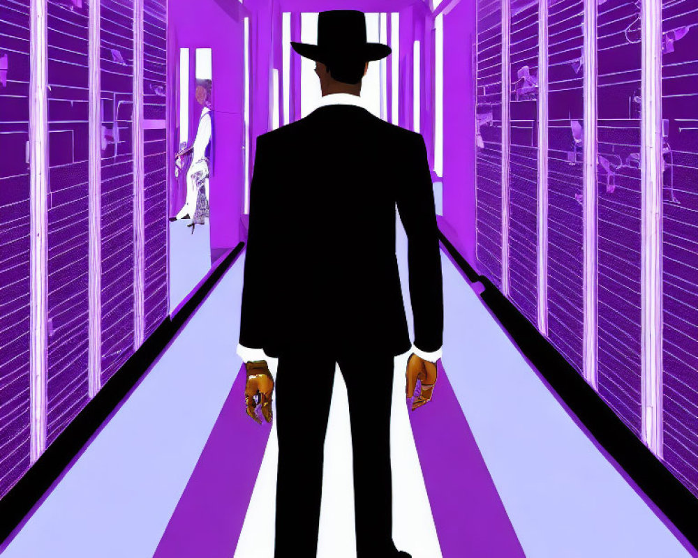 Illustration of person in hat and suit walking down purple hallway with figures in rooms
