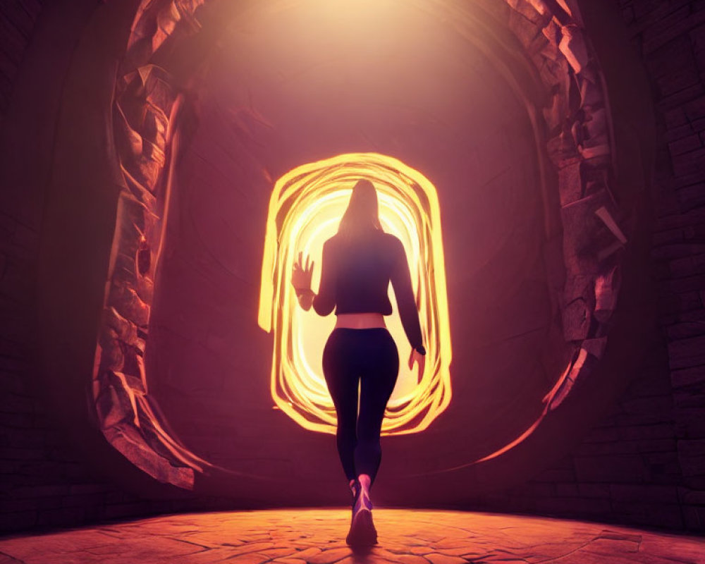 Person stands before glowing portal in dark stone tunnel