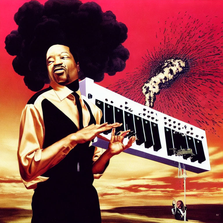 Man holding exploding keyboard against red sky