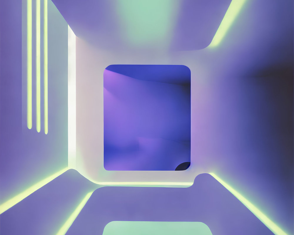 Futuristic room with purple and yellow lights and square aperture