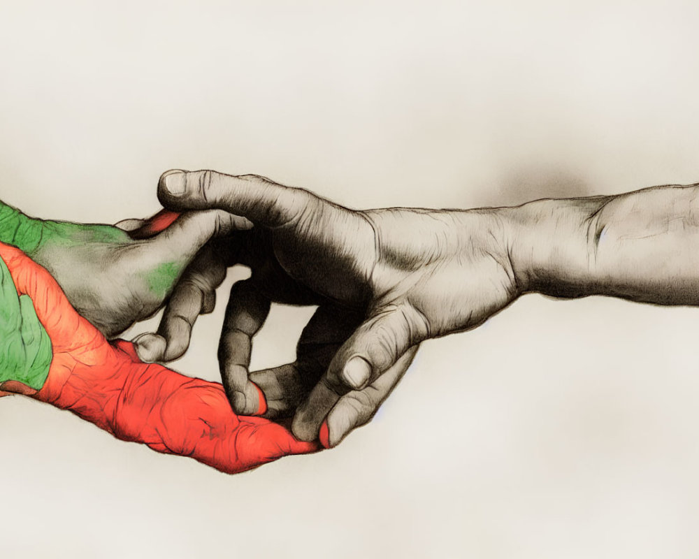 Illustration of two hands reaching, one green and red