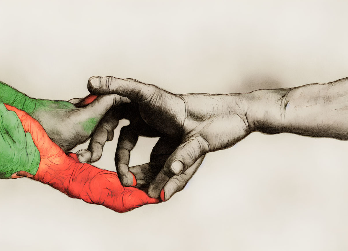 Illustration of two hands reaching, one green and red