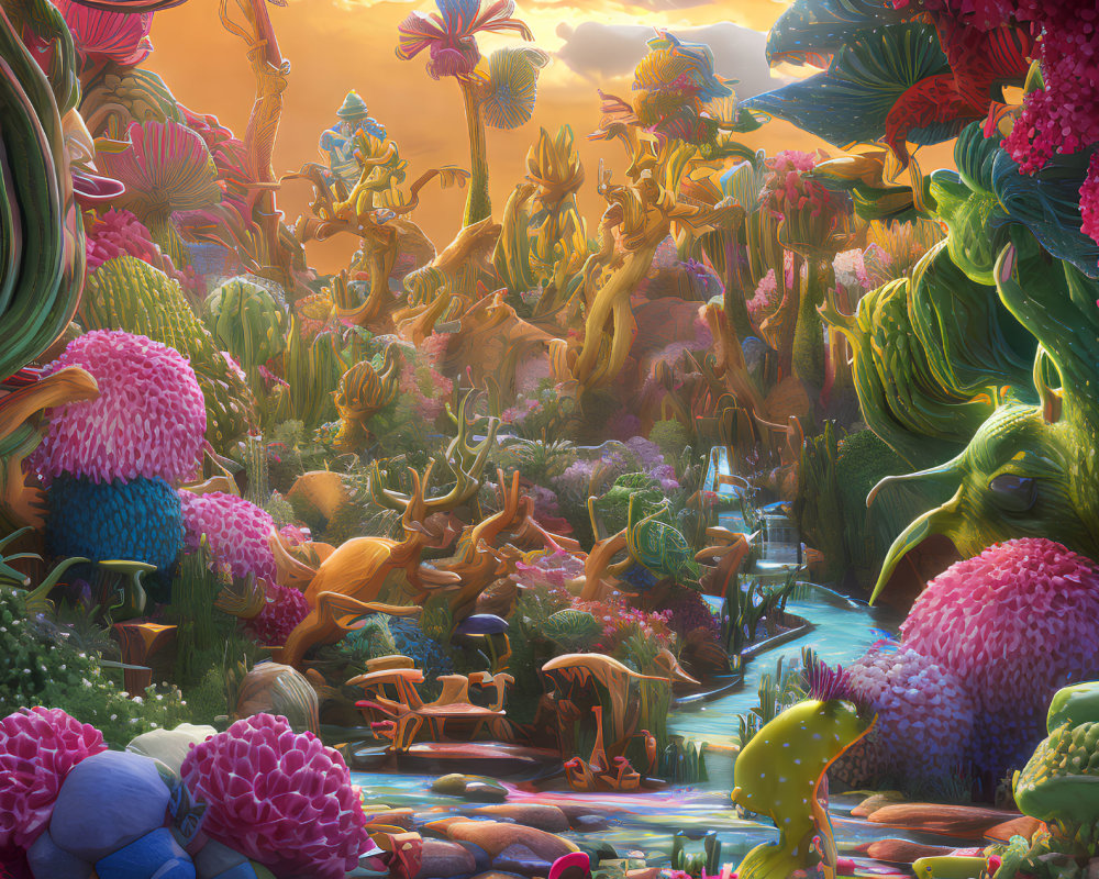 Colorful alien-like flora and fauna in vibrant, fantastical landscape