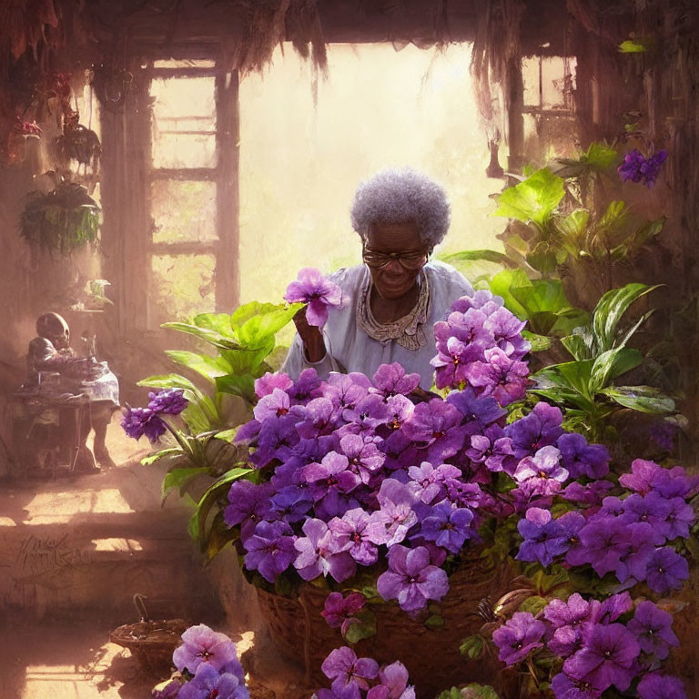 Elderly Woman with Purple Hydrangeas in Sunlit Indoor Garden