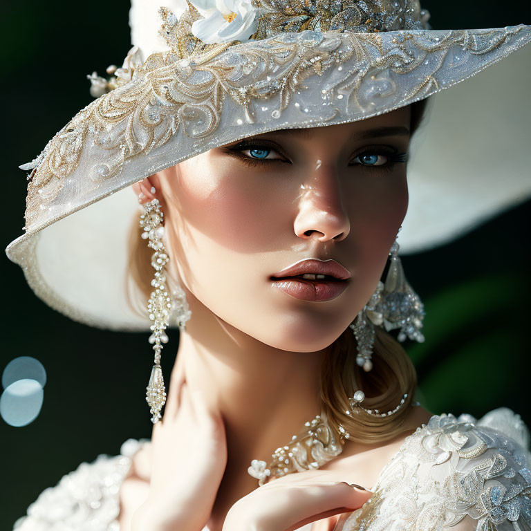 Woman with Blue Eyes in White Ornate Hat and Outfit