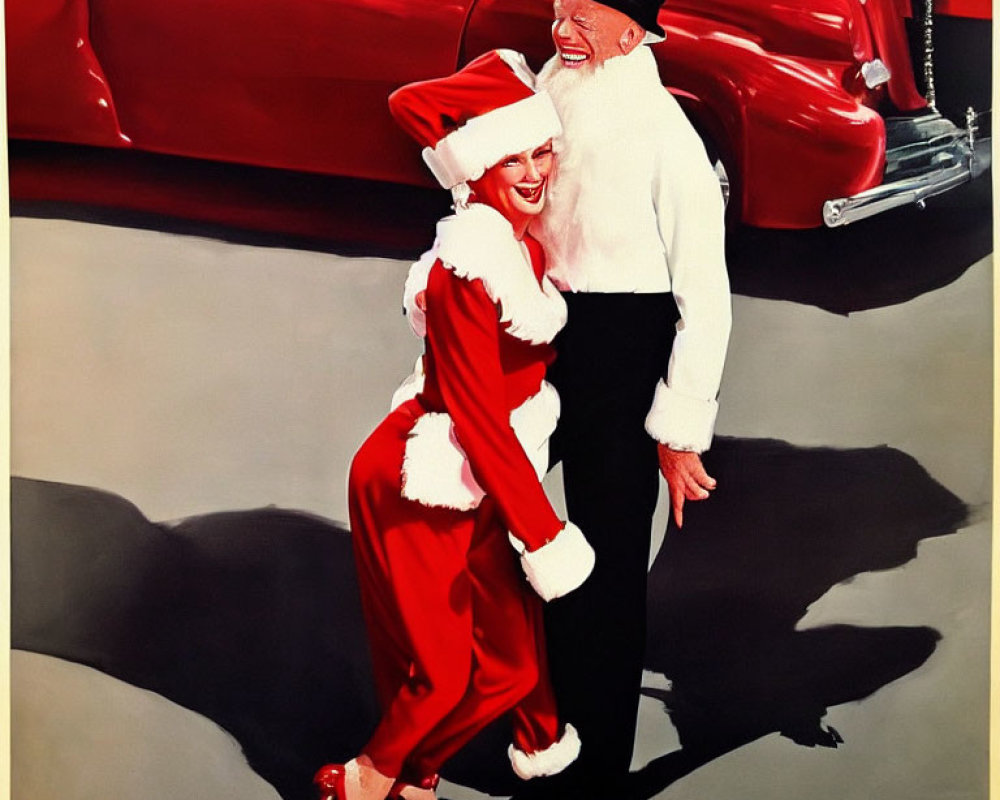 Festive Couple in Santa Claus and Formal Attire Laughing by Red Car
