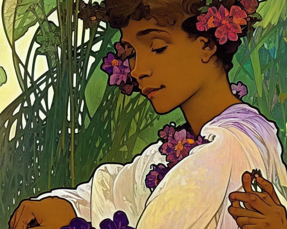 Stylized illustration of woman with flowers in hair and white dress surrounded by greenery