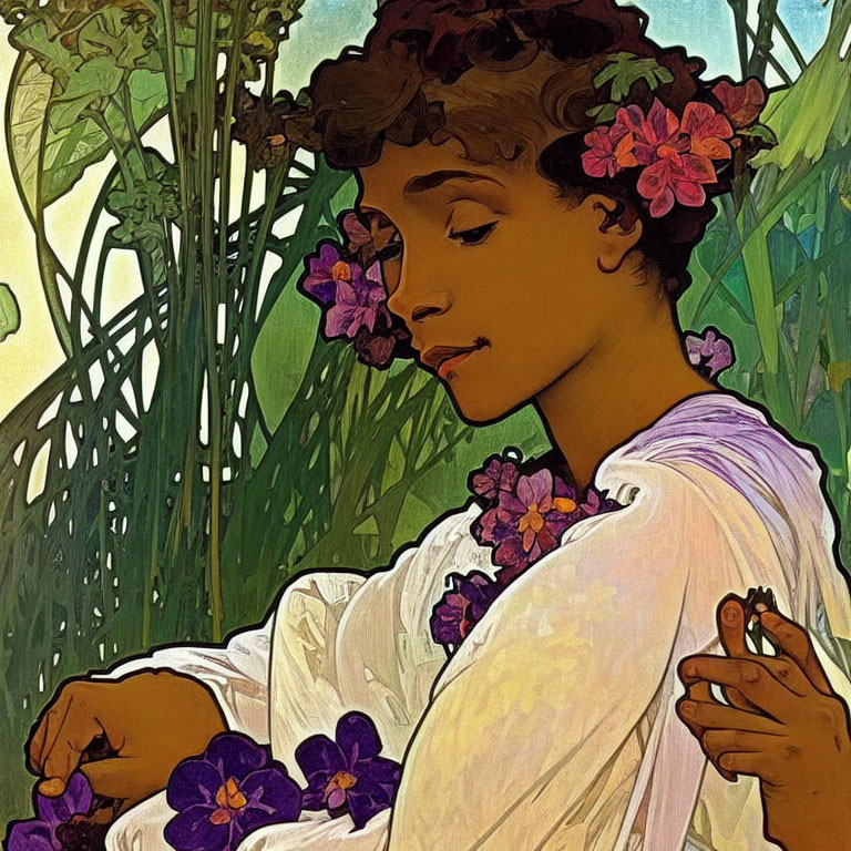 Stylized illustration of woman with flowers in hair and white dress surrounded by greenery