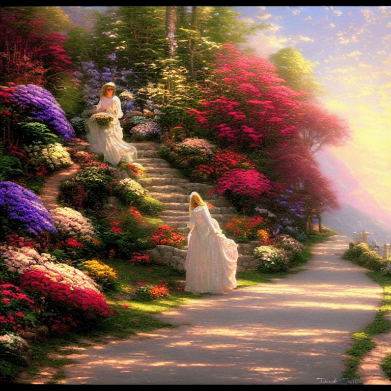 Two people in white gowns strolling in a colorful garden with sun rays filtering through trees