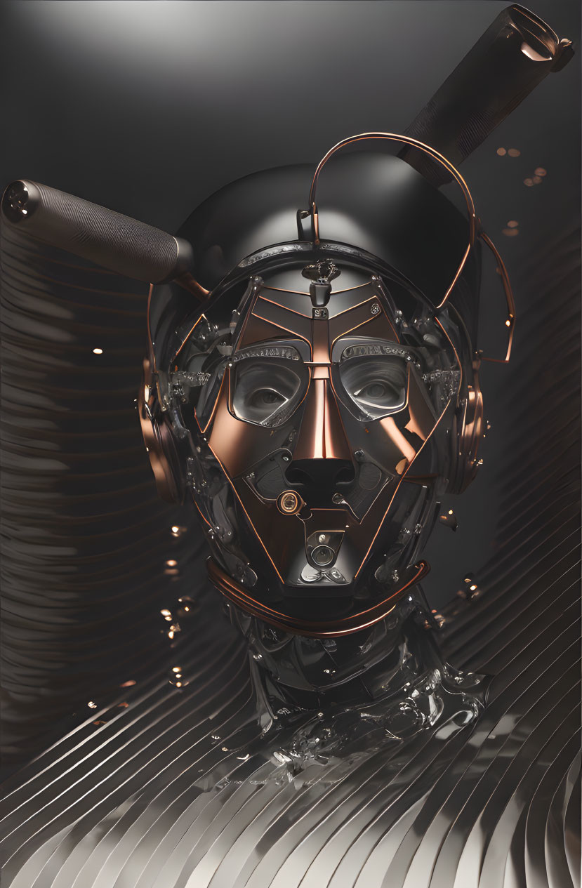 Metallic Human Face with Mechanical Parts and Wires on Ribbed Background