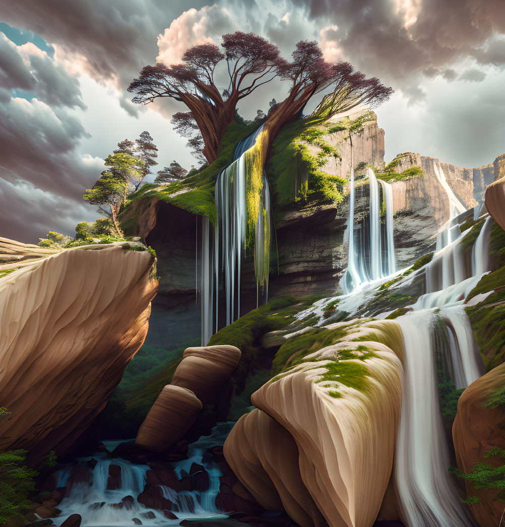 Landscape with lush cliffs, waterfalls, and rocky pool under dramatic sky