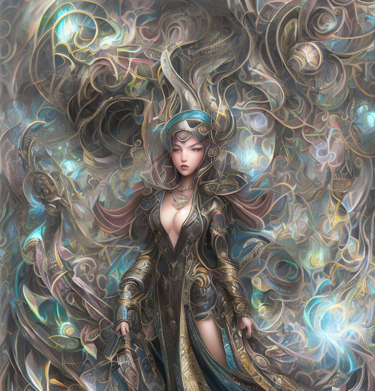 Fantasy artwork of warrior woman in ornate armor with mystical patterns