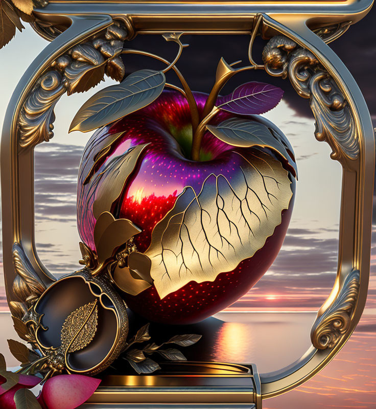 Digital artwork with golden frame, ornate apple, heart-shaped cutout showing sunset over water, leaves