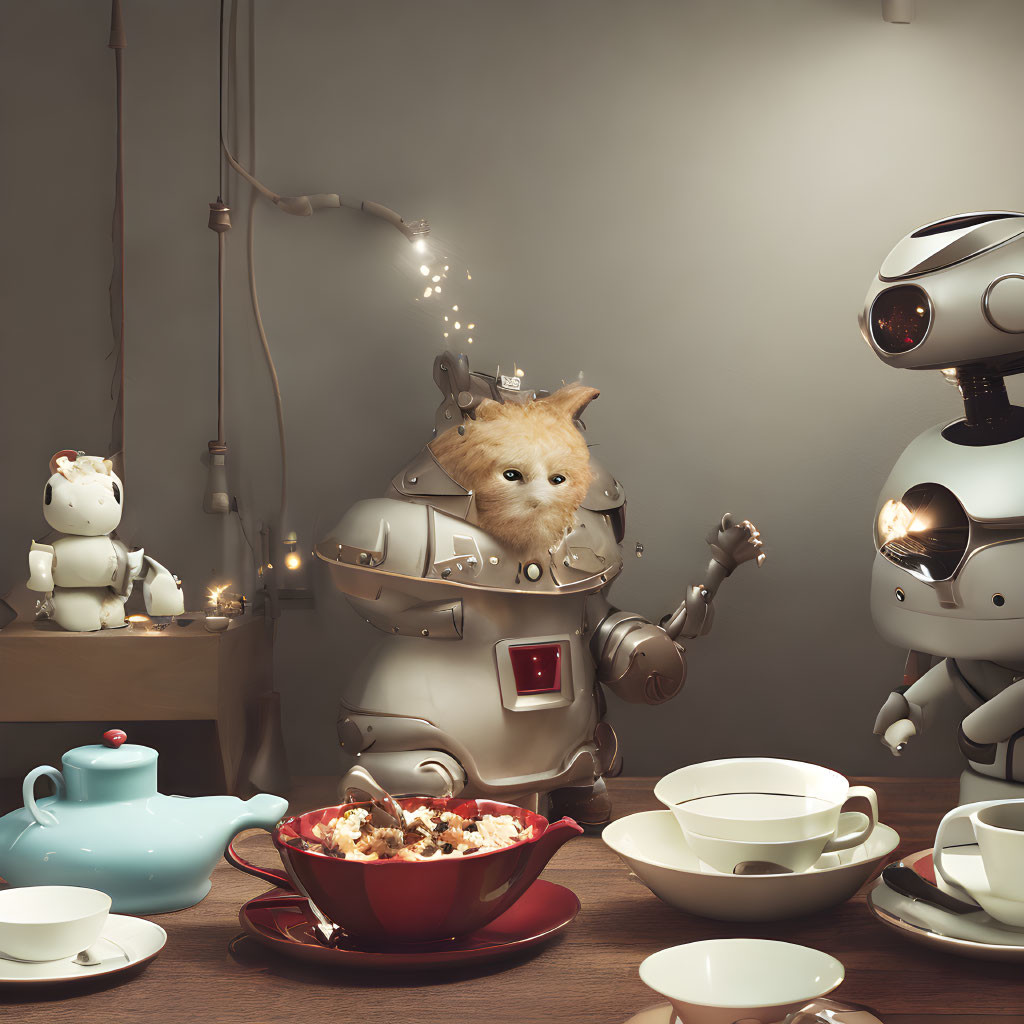 Cat in Knight's Armor Surrounded by Robots at Tea Party