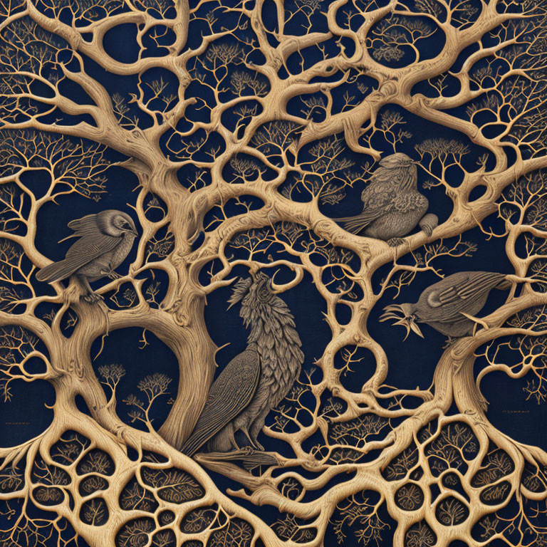 Detailed Wood Carving of Owl, Crow, and Mythological Creature in Tree Branch Network